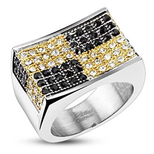 Signet ring with black and clear CZ in checkerboard pattern | Wholesale stainless steel rings - Jewelry