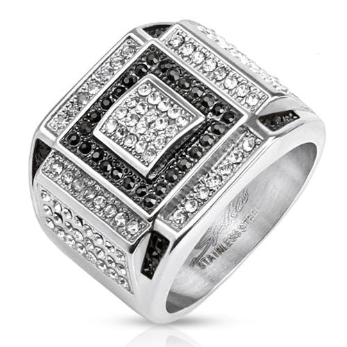 Signet ring with black and clear micro pave CZ plate | Wholesale stainless steel rings - Jewelry 