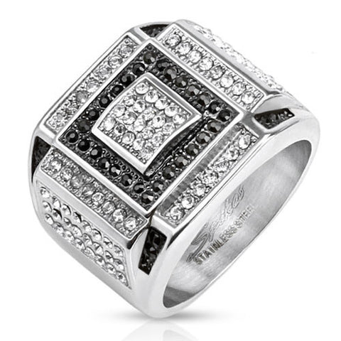 Signet ring with black and clear micro pave CZ plate | Wholesale stainless steel rings - Jewelry 