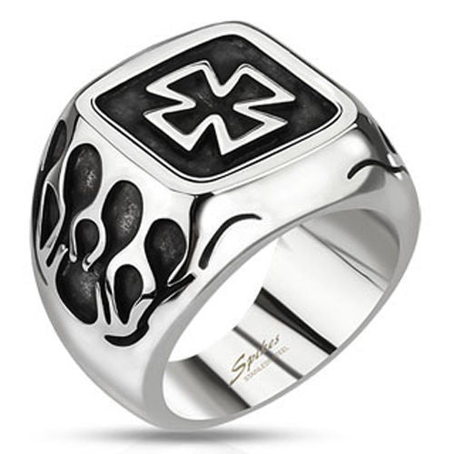 Stainless steel ring with Maltese Cross and Flamed Sides | Wholesale stainless steel rings - Jewelry