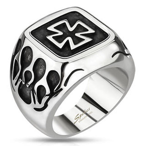 Stainless steel ring with Maltese Cross and Flamed Sides | Wholesale stainless steel rings - Jewelry