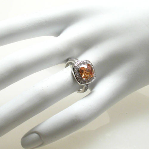 Square cut champagne citrine colored CZ cocktail ring | Wholesale sterling silver rings - Jewelry | Hand photo