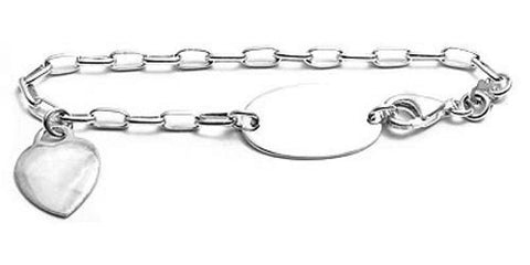 Dainty Child Bracelet with Engravable Oval Plate and Dangling Heart | Wholesale 925 Sterling Silver Jewelry | Main