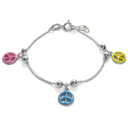 Playful Child's Beaded 6" Bracelet with Multi-Colored Peace Signs | Wholesale 925 Sterling Silver Jewelry