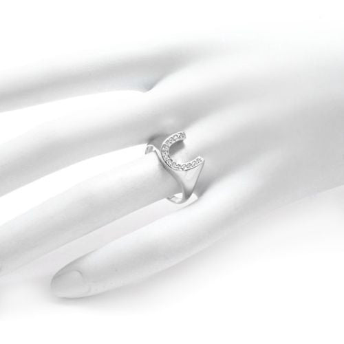Classic horseshoe signet ring encrusted with CZs | Wholesale sterling silver rings - Jewelry | Hand photo