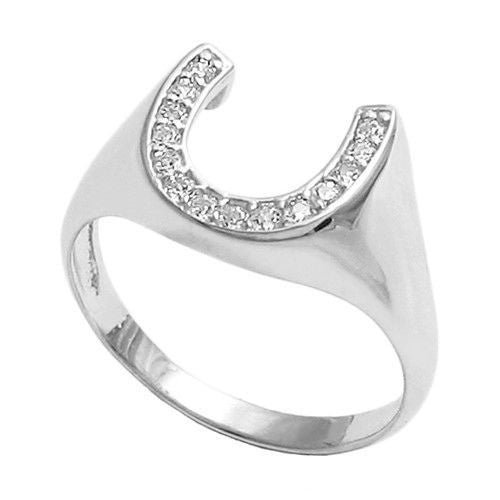Classic horseshoe signet ring encrusted with CZs | Wholesale sterling silver rings - Jewelry | Main photo