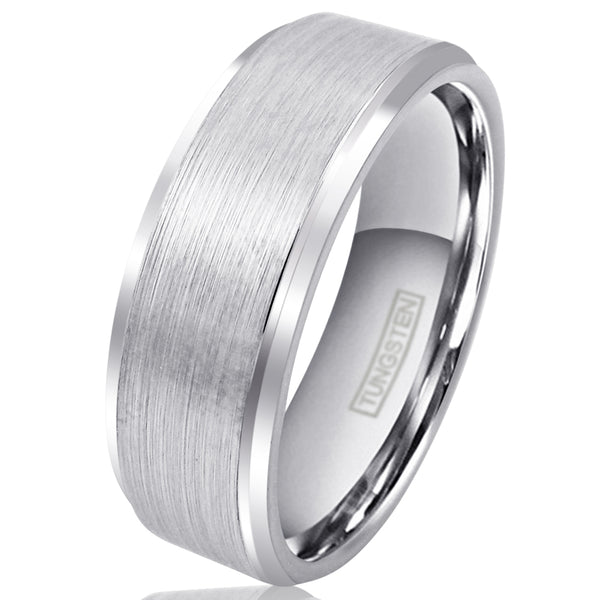 Silver tungsten ring w/ brush finish outer band & polished stepped edges | White photo
