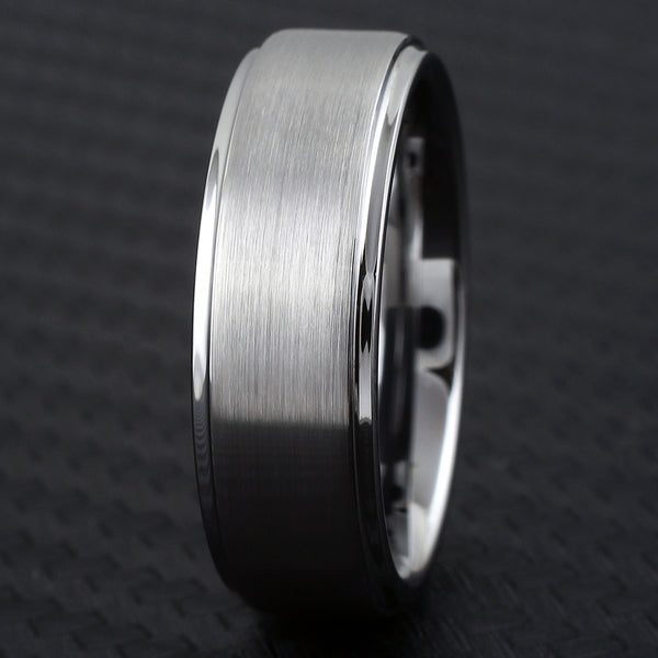 Silver tungsten ring w/ brush finish outer band & polished stepped edges | Carbon front photo