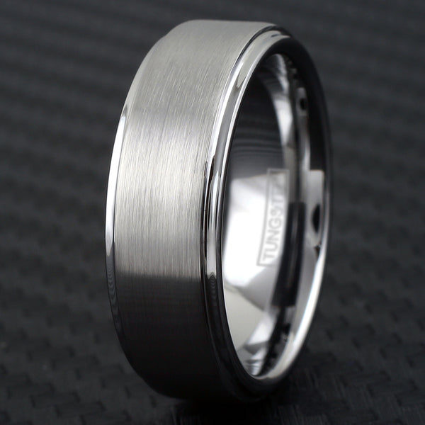 Silver tungsten ring w/ brush finish outer band & polished stepped edges | Carbon quarter photo