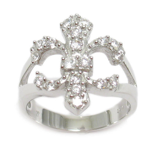 Modern Chic Large Fleur-de-Lis Ring with Clear CZs in Sterling Silver.