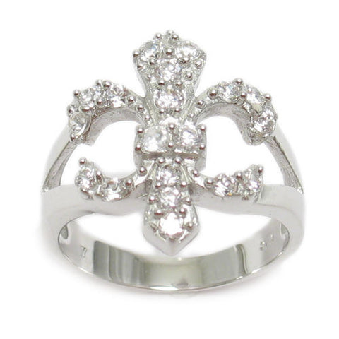 Modern Chic Large Fleur-de-Lis Ring with Clear CZs in Sterling Silver.
