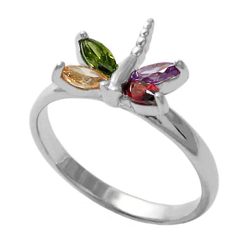 Brilliant ring of dragonfly with colored CZ wings | Wholesale sterling silver rings - Jewelry | Main photo