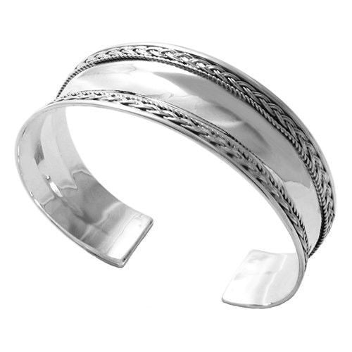 Polished Concave Graduated Braid Trim 7" Cuff Bangle Bracelet | Wholesale 925 Sterling Silver Jewelry | Main