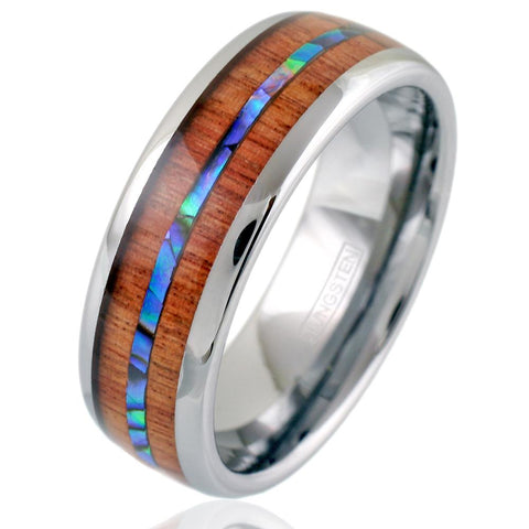 Beautiful Silver Tungsten Ring w/ Brilliant Abalone Shell Inlay Between Sandalwood Inlays.