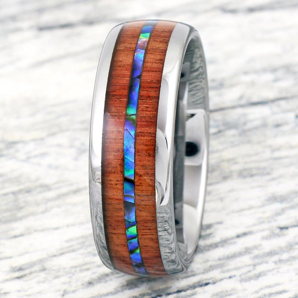Beautiful Silver Tungsten Ring w/ Brilliant Abalone Shell Inlay Between Sandalwood Inlays.