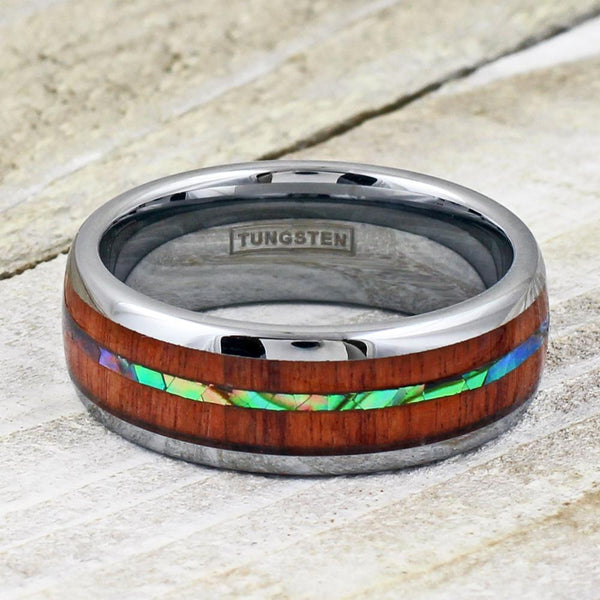 Beautiful Silver Tungsten Ring w/ Brilliant Abalone Shell Inlay Between Sandalwood Inlays.