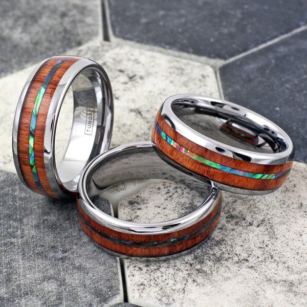 Beautiful Silver Tungsten Ring w/ Brilliant Abalone Shell Inlay Between Sandalwood Inlays.