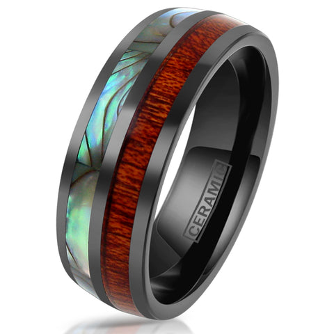 Gunmetal black CERAMIC ring w/ abalone & wood inlays | Discount ceramic rings - wedding bands | White photo