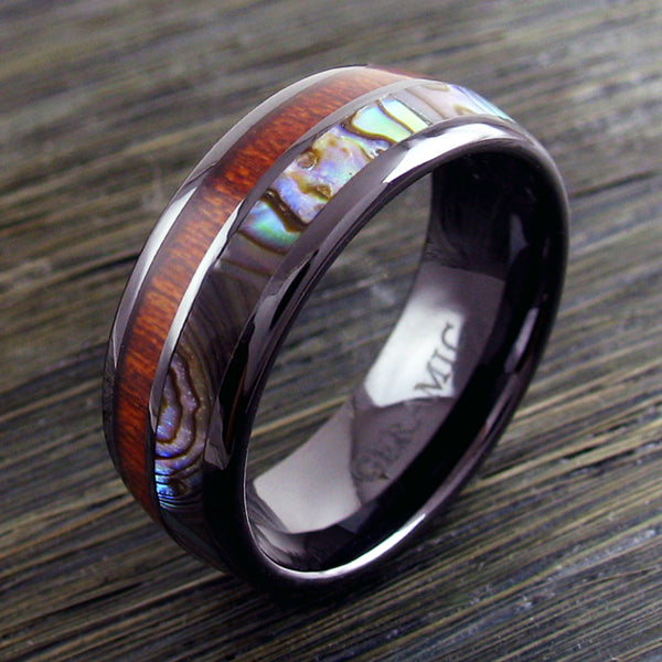 Gunmetal black CERAMIC ring w/ abalone & wood inlays | Discount ceramic rings - wedding bands | Wood tilted photo