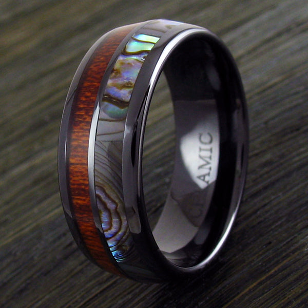 Gunmetal black CERAMIC ring w/ abalone & wood inlays | Discount ceramic rings - wedding bands | Wood upright photo