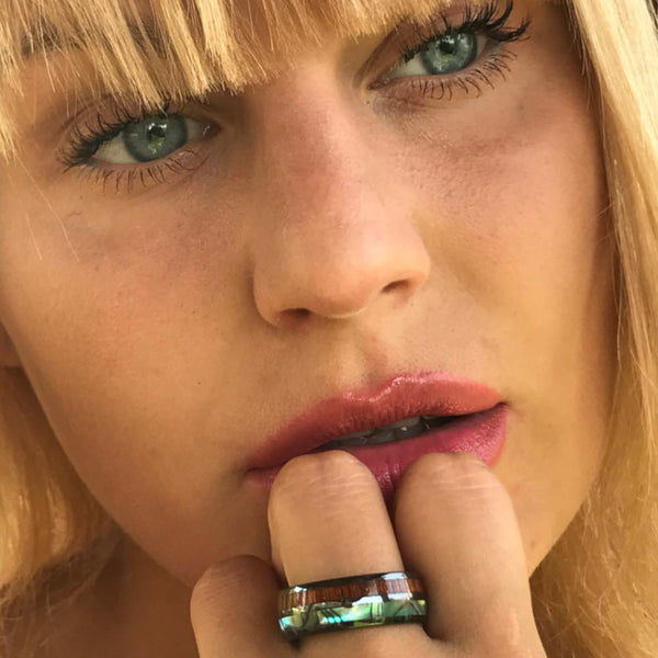 Gunmetal black CERAMIC ring w/ abalone & wood inlays | Discount ceramic rings - wedding bands | Model photo