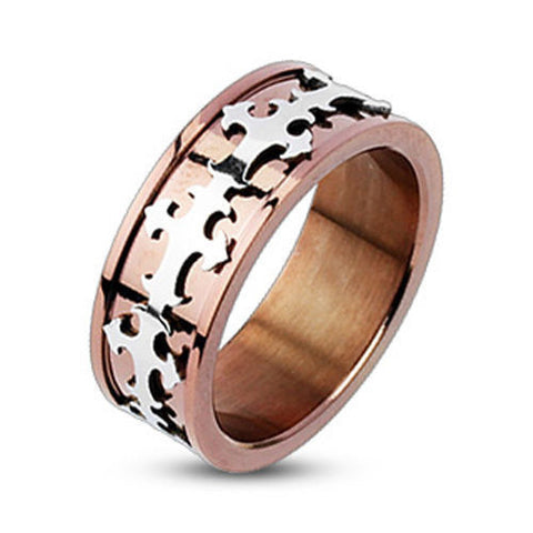 Copper toned ion plated ring with Royal French Cross band | Wholesale stainless steel rings - Jewelry