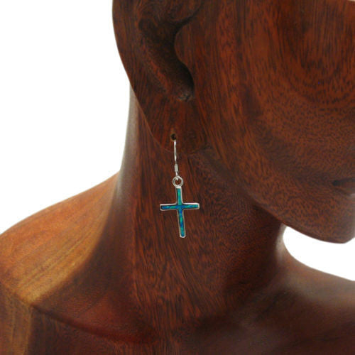 Hanging cross earrings with created blue opal inlay | Wholesale 925 Sterling Silver Jewelry | Alternate photo