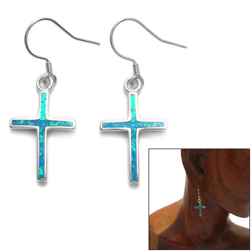 Hanging cross earrings with created blue opal inlay | Wholesale 925 Sterling Silver Jewelry | Combo photo
