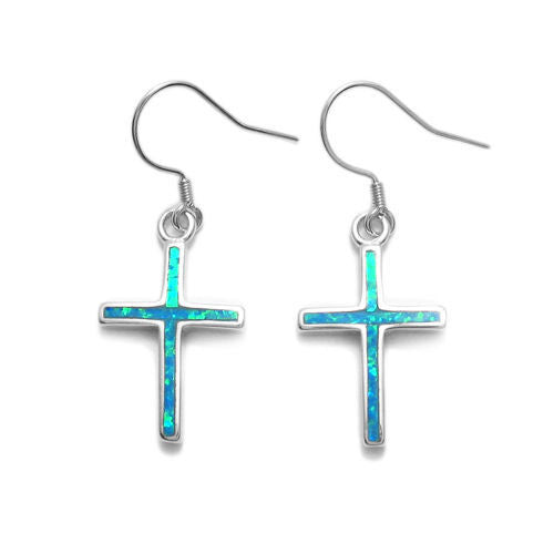 Hanging cross earrings with created blue opal inlay | Wholesale 925 Sterling Silver Jewelry | Item photo