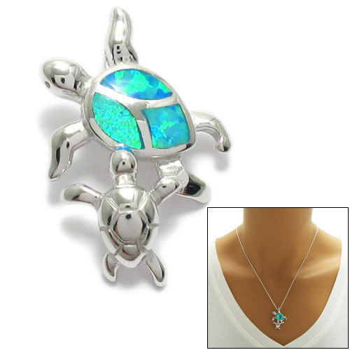 Lovely Created Opal Mother and Baby Turtle Pendant | Wholesale 925 Sterling Silver Pendant - Jewelry | Main