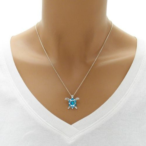 Beautiful Sea Turtle Slide Pendant with Created Blue Opal | Wholesale 925 Sterling Silver Pendant Jewelry | Alternate