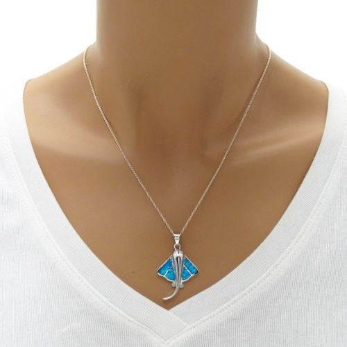 Playful Stingray Pendant with Created Blue Opal Inlay | Wholesale 925 Sterling Silver Pendant - Jewelry | Alternate