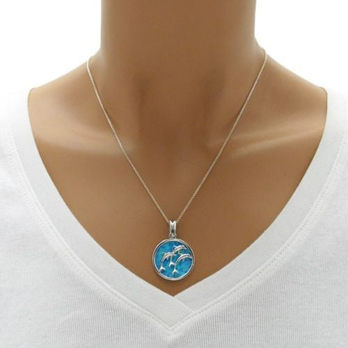 Pretty Triple Dolphin Pendant with Created Blue Opal | Wholesale 925 Sterling Silver Pendant Jewelry | Alternate