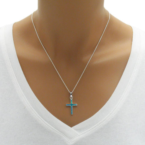 Brilliant Sterling Silver Cross Pendant with Created Blue Opal Inlay.