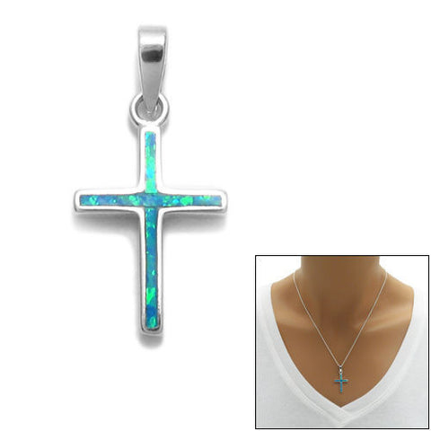 Brilliant Sterling Silver Cross Pendant with Created Blue Opal Inlay.