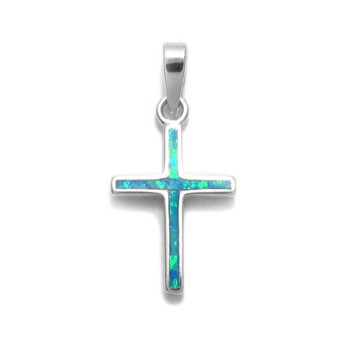 Brilliant Sterling Silver Cross Pendant with Created Blue Opal Inlay.