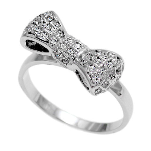 Adorable CZ encrusted bow on simple plain band | Wholesale sterling silver rings - Jewelry | Main photo