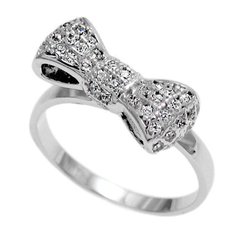 Adorable CZ encrusted bow on simple plain band | Wholesale sterling silver rings - Jewelry | Main photo