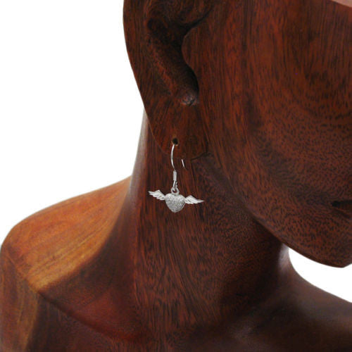 CZ embellished flying winged heart hanging earrings | Wholesale 925 Sterling Silver Jewelry | Alternate photo