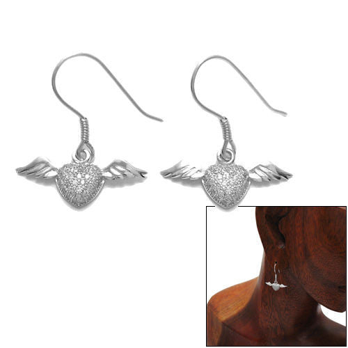 CZ embellished flying winged heart hanging earrings | Wholesale 925 Sterling Silver Jewelry | Combo photo
