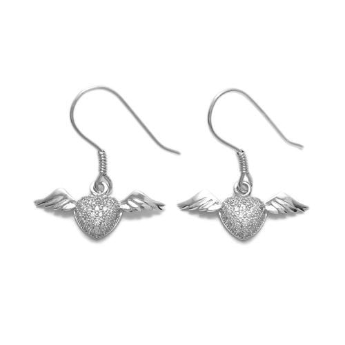 CZ embellished flying winged heart hanging earrings | Wholesale 925 Sterling Silver Jewelry | Item photo