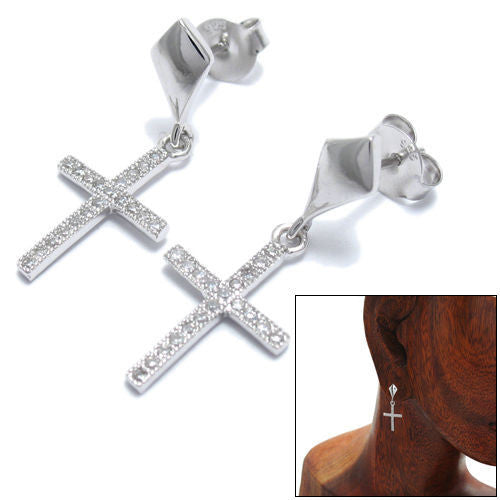 Dangling 0.40 Carat Micro-Pave CZ Cross Post Earrings | Wholesale Sterling Silver Jewelry | Alternate