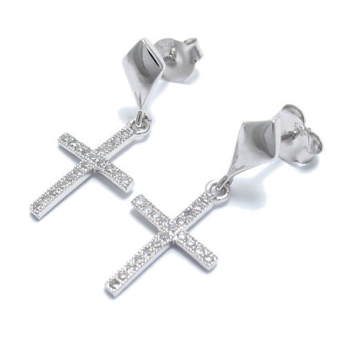 Dangling 0.40 Carat Micro-Pave CZ Cross Post Earrings | Wholesale Sterling Silver Jewelry | Main