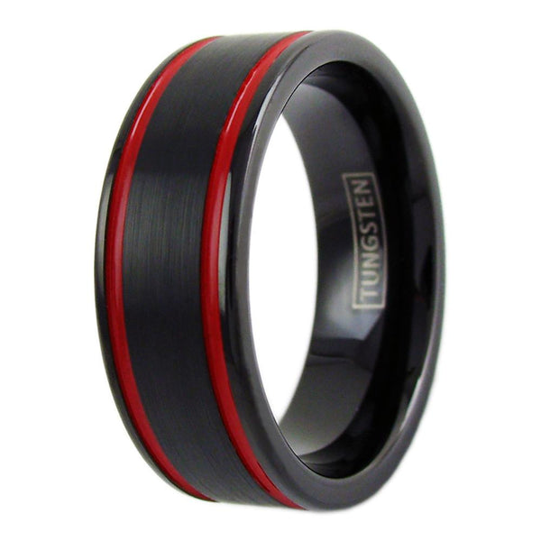 Satin Finish Black Tungsten Ring w/ 2 Race Car Red Stripes | Wholesale Tungsten Rings - Wedding Bands | Upright Photo