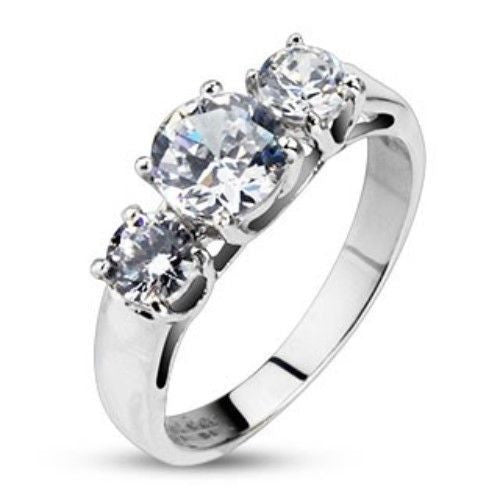 Dazzling Engagement Ring with Large Center CZ and Two Smaller CZs | Wholesale Stainless Steel Rings - Jewelry
