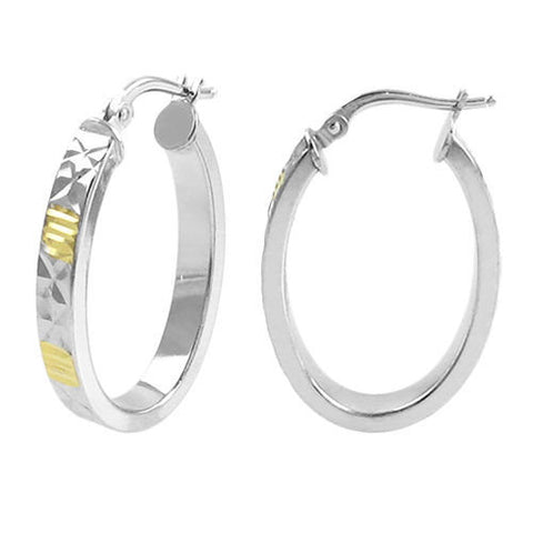 Dia Cut Silver and Gold Design Oval Hoop Earrings | Wholesale Sterling Silver Jewelry | Main