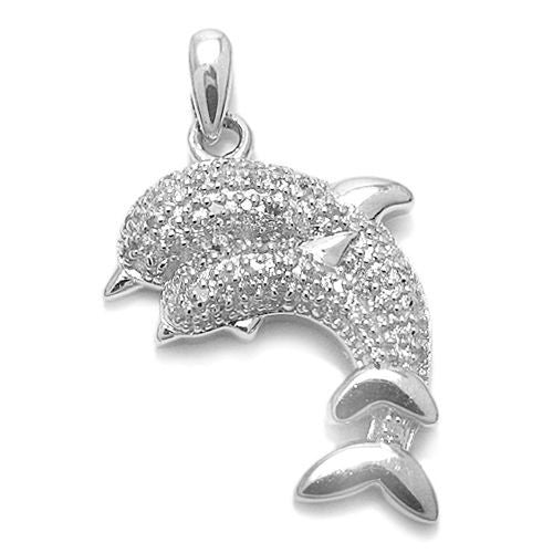 Luxurious Mother and Baby Dolphin Pendant with Diamonds | Wholesale 925 Sterling Silver Pendant Jewelry | Alternate