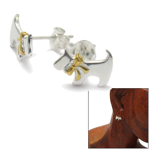 Beautiful Dog with Gold Ribbon Design Earrings | Wholesale Sterling Silver Jewelry | Alternate