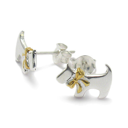 Beautiful Dog with Gold Ribbon Design Earrings | Wholesale Sterling Silver Jewelry | Main