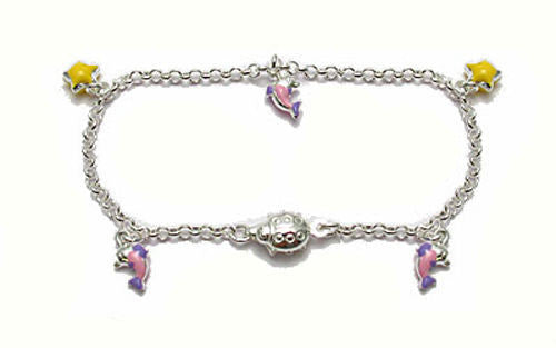 Lovely Child's 6" Bracelet with Painted Stars and Dolphins | Wholesale 925 Sterling Silver Jewelry